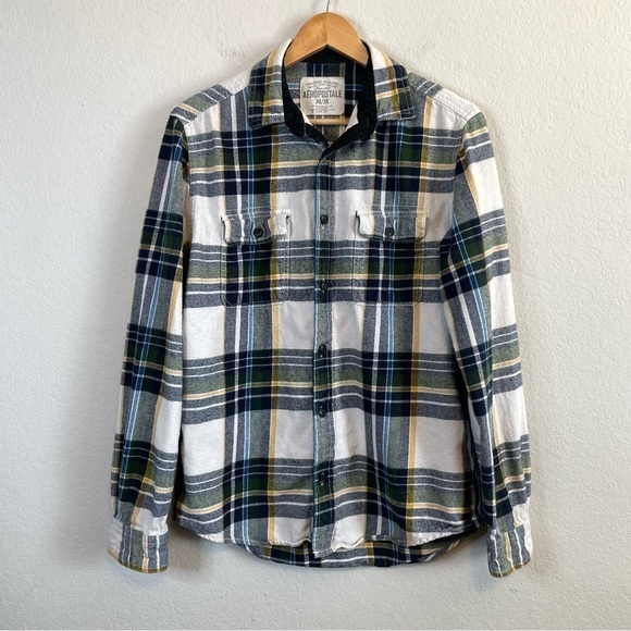 Aeropostale Green Blue Plaid Cotton Long Sleeve Button Front Flannel Shirt Sz MD - Picture 1 of 10